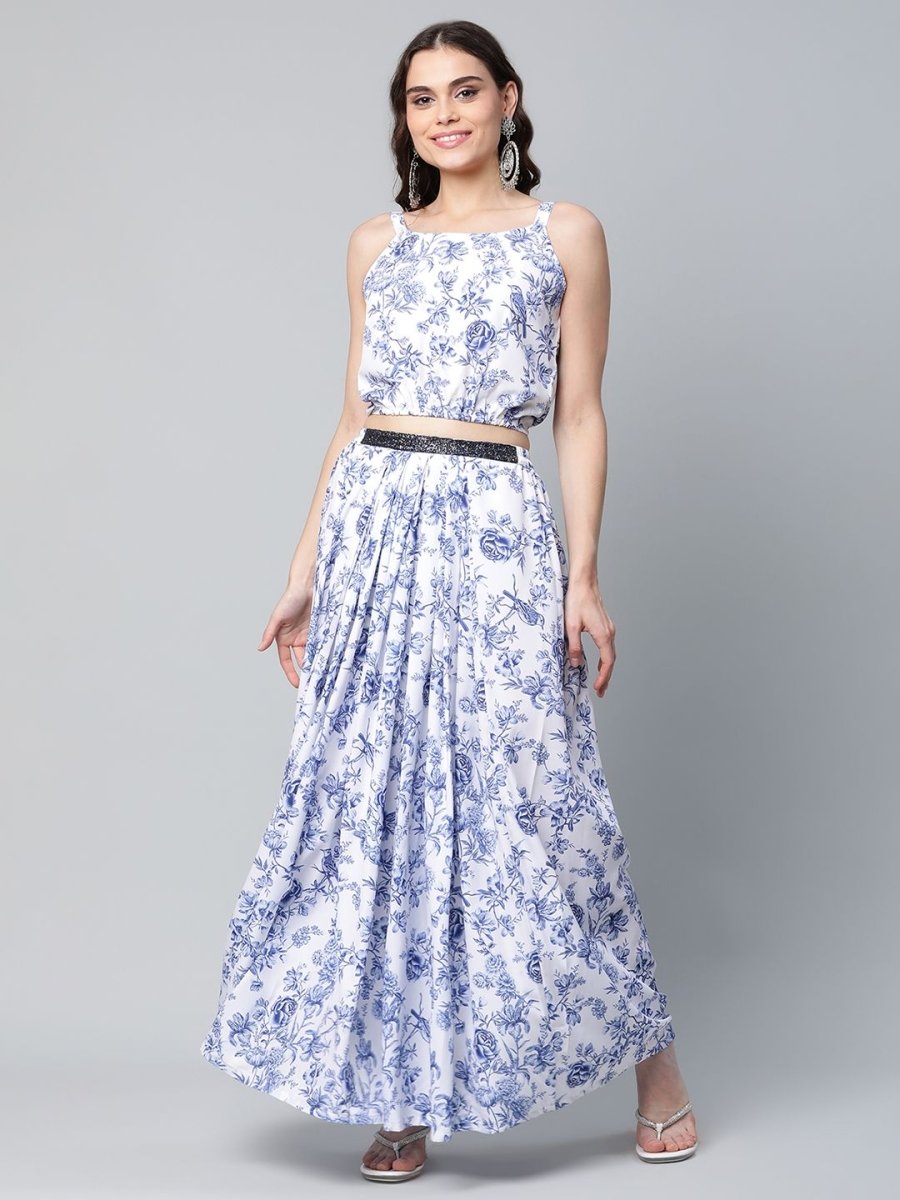 Ahalyaa Women Blue Crepe Printed Top with Skirt with Net Overlay