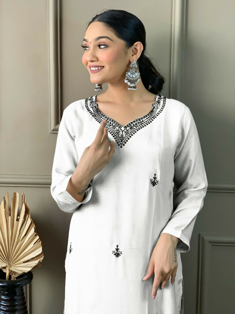 White Viscose chanderi Stitched Suit With Dupatta - Tanisha
