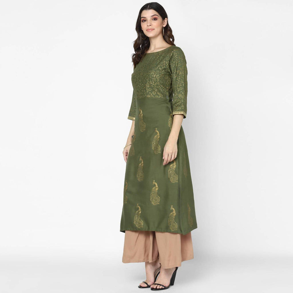 Cheera Hand Block Print Olive Green & Skin Color Straight Kurta With Palazzo (MAAI-083K)