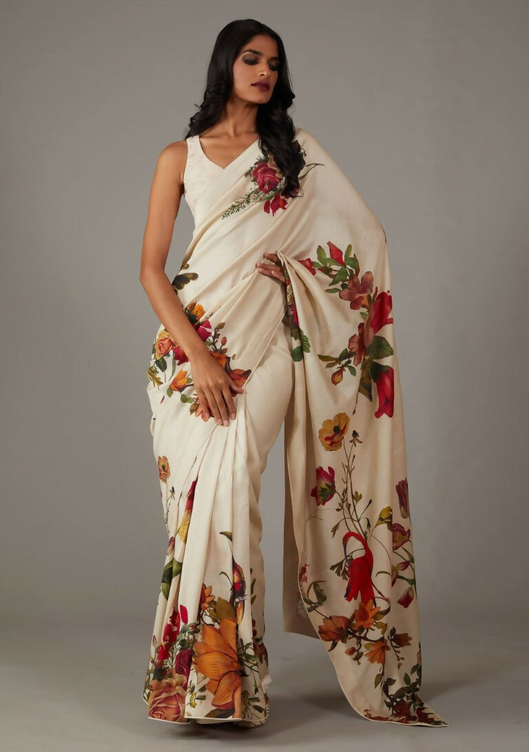 Partywear Designer Off White Bright Moss Fancy Saree - Durga
