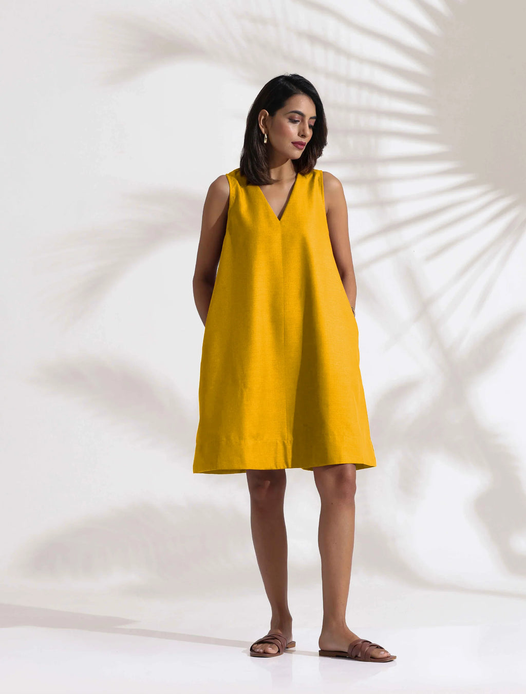trueBrowns Mustard Cotton Blend Short Dress