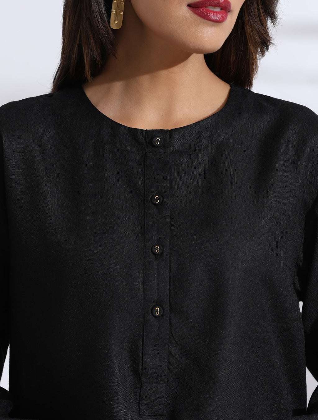 trueBrowns Black Slub Kurta Co-ord Set