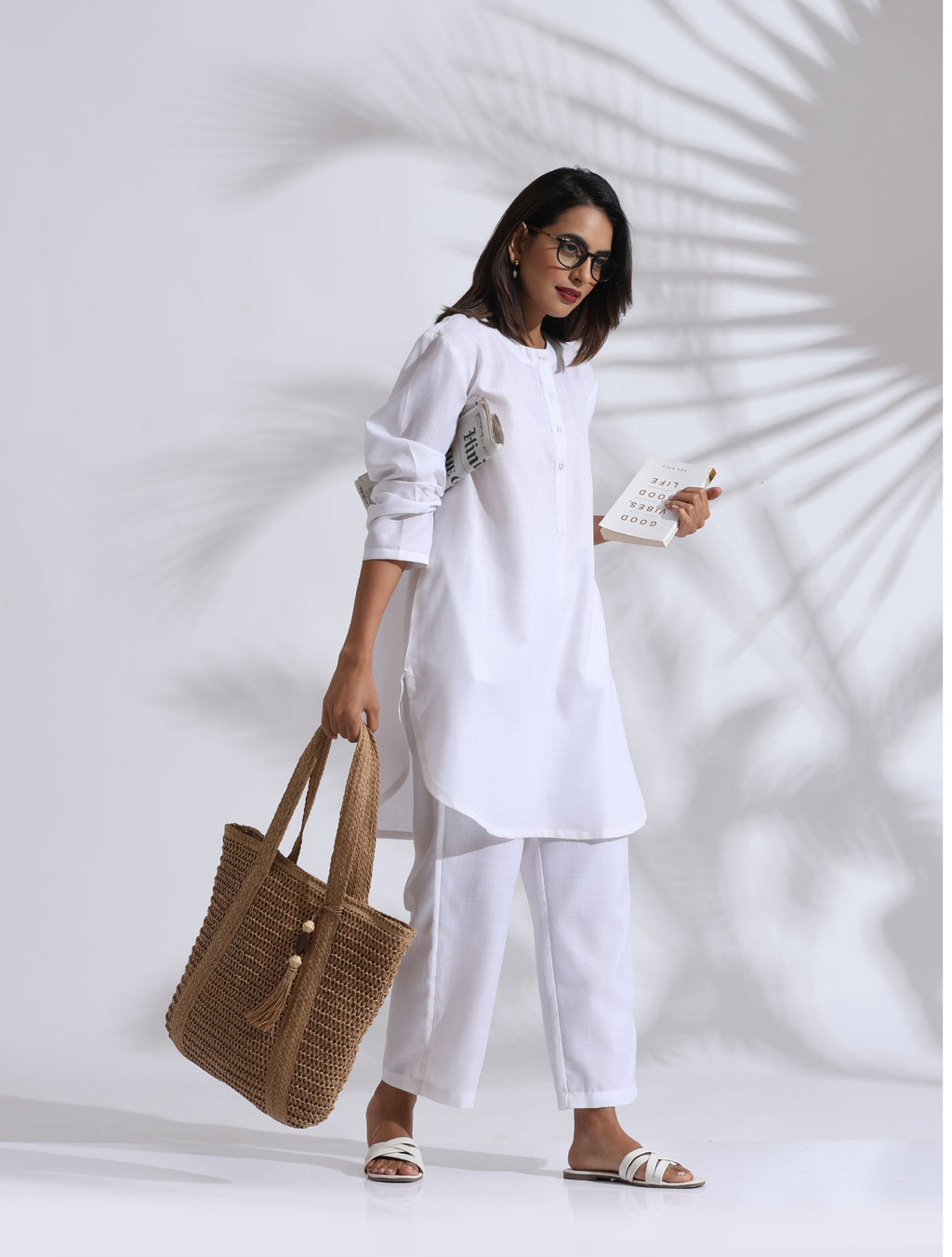 trueBrowns White Slub Kurta Co-ord Set