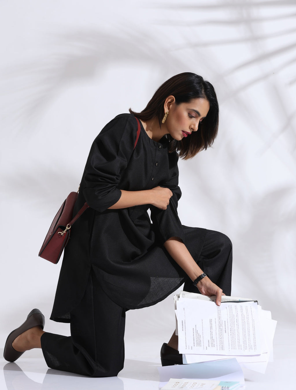 trueBrowns Black Slub Kurta Co-ord Set