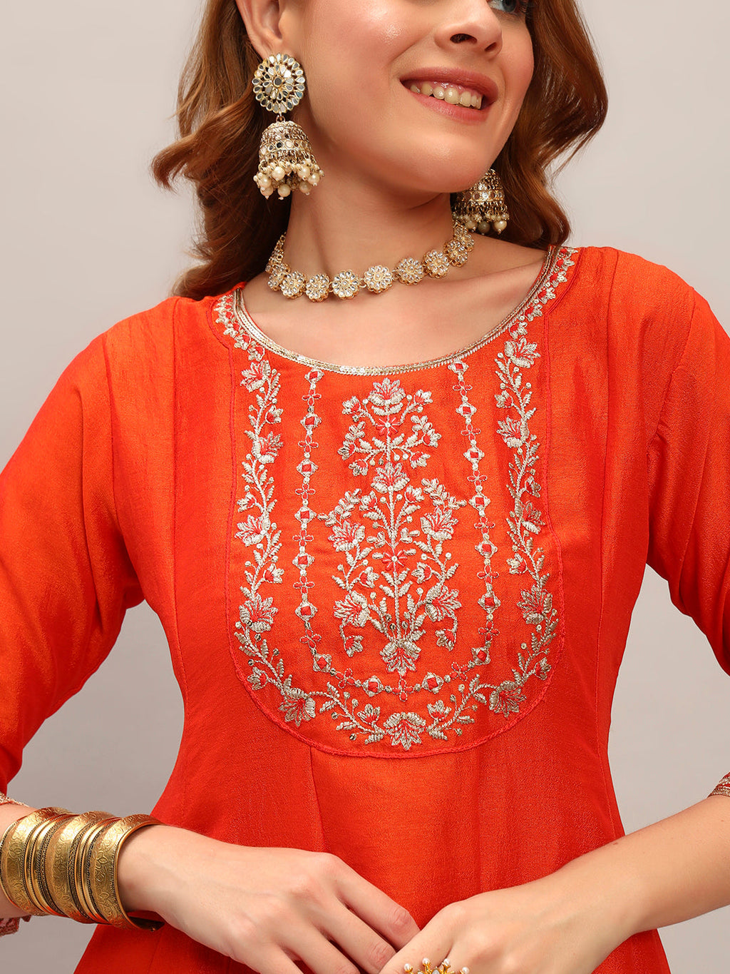 The52 Embroidered Vichitra Silk Fabric Straight Kurta, Pant and Dupatta Set