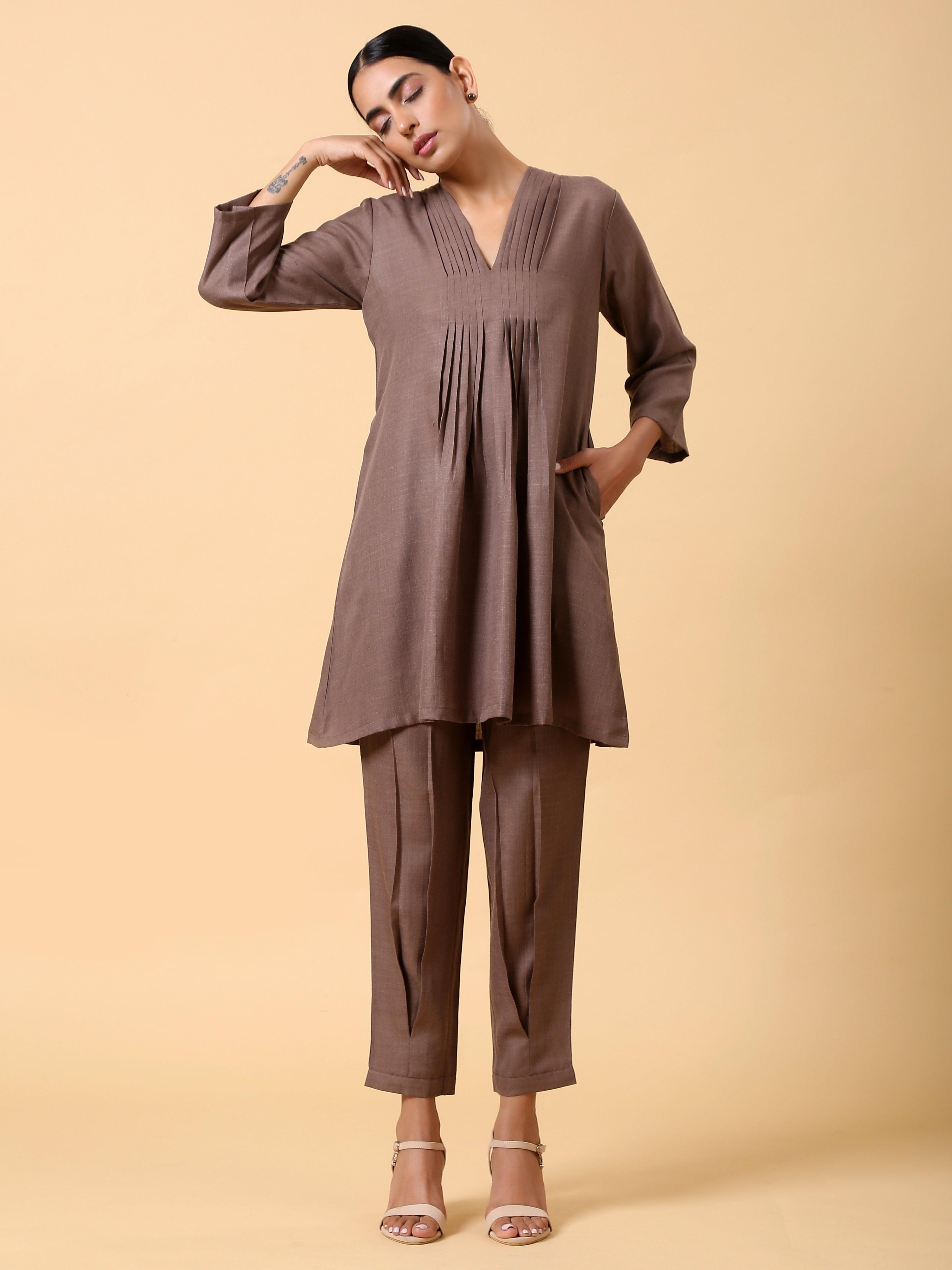 trueBrowns Cotton Linen Burnt Brown Pleated Co-Ord Set