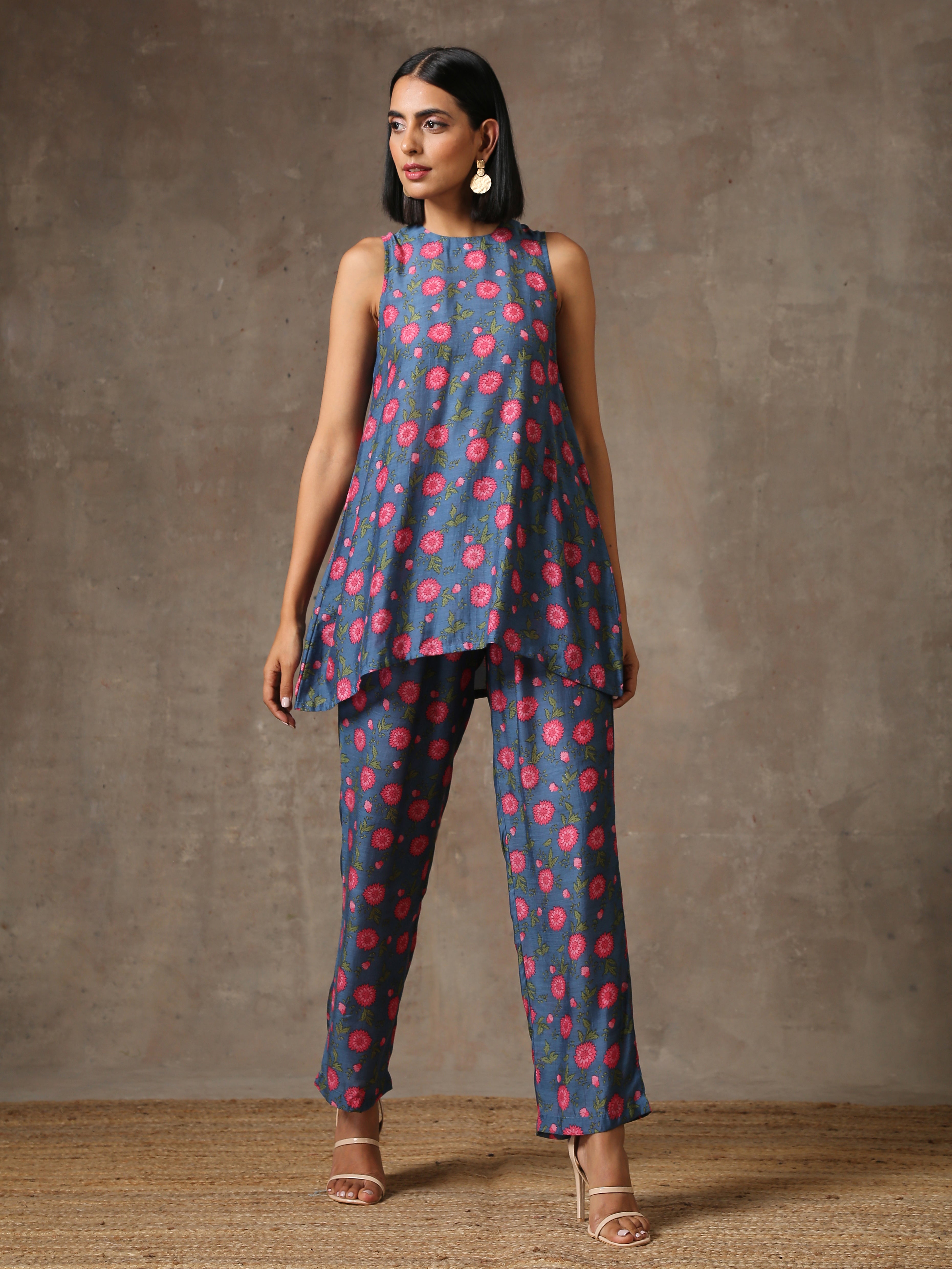 trueBrowns Blue Pink Printed Silk Co-Ord Set