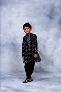 Ahalyaa Boys Black Chanderi Gold Printed Kids Kurta Churidar Set