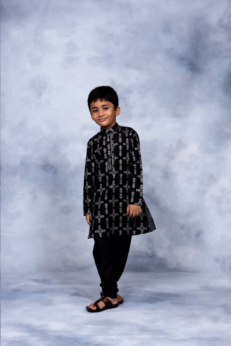 Ahalyaa Boys Black Chanderi Gold Printed Kids Kurta Churidar Set