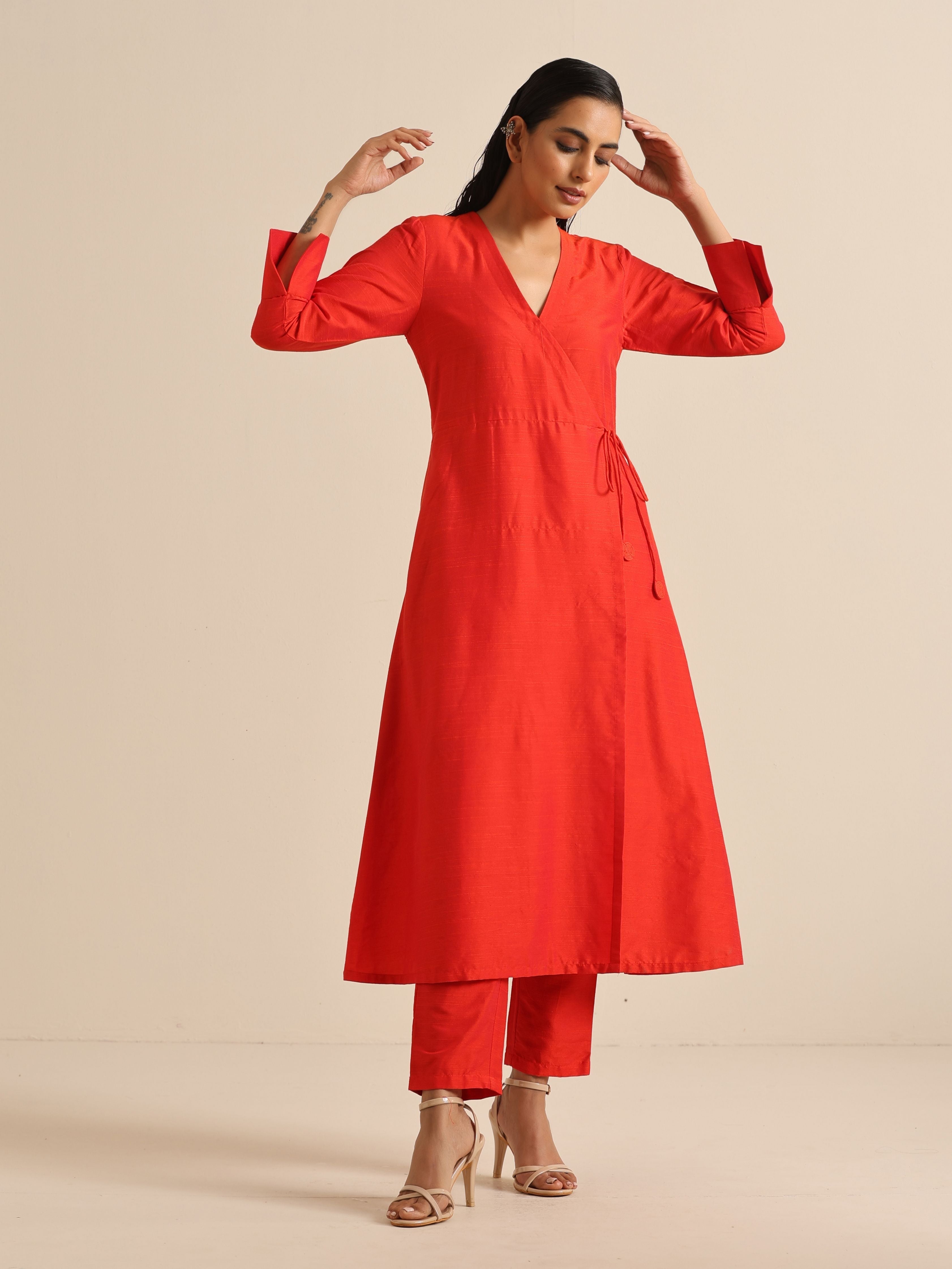 trueBrowns Orange Dupion Blend Angrakha Kurta Pant Set