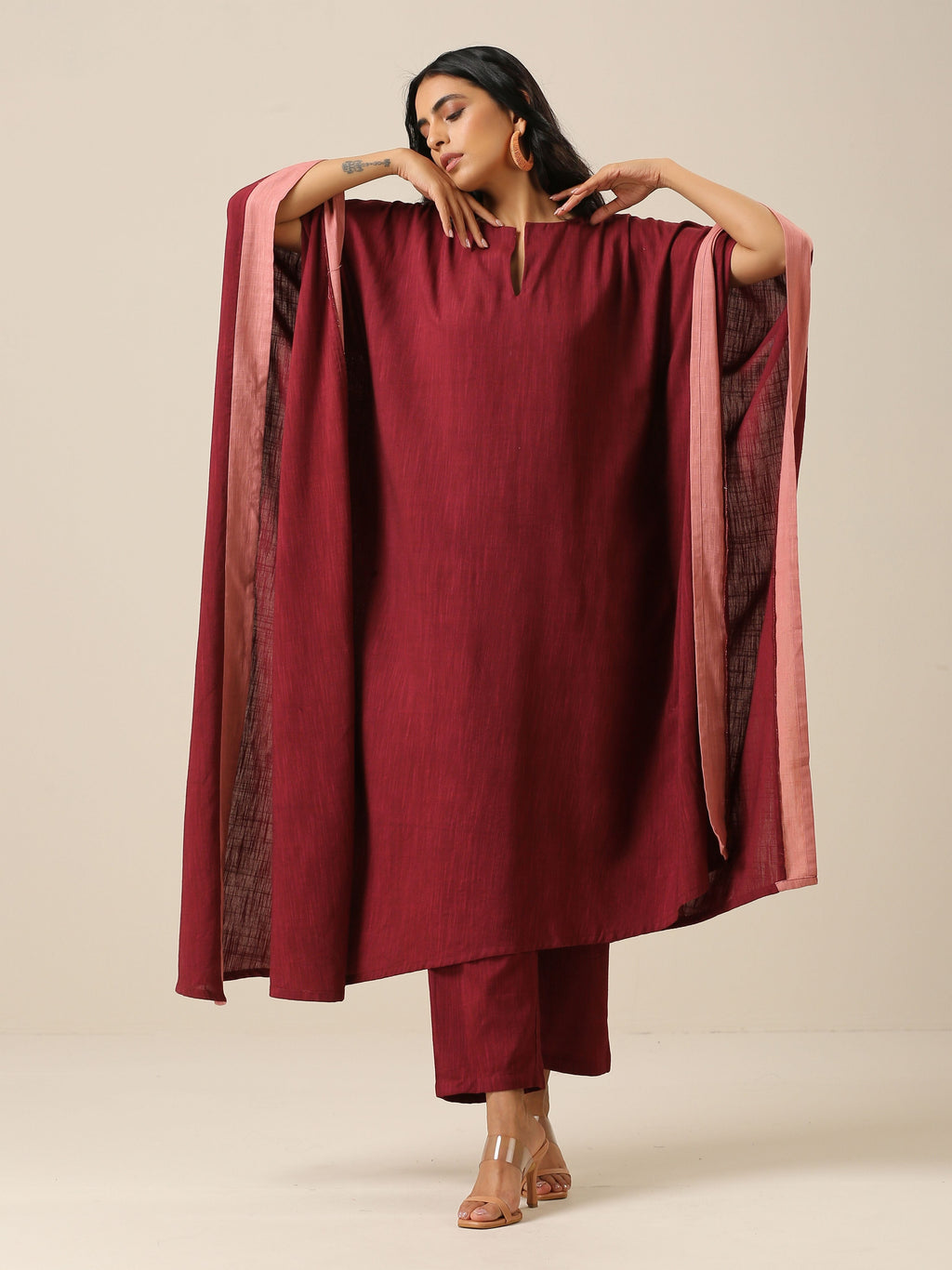 trueBrowns Ruby Wine Slub Texture High Low Kaftan Pant Set