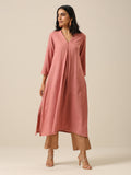 trueBrowns Light Mauve Slub Texture Neck Pleat Kurta Pant Set