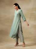 trueBrowns Light Green Bandhani Printed Silk High Slit Kurta Pant Set