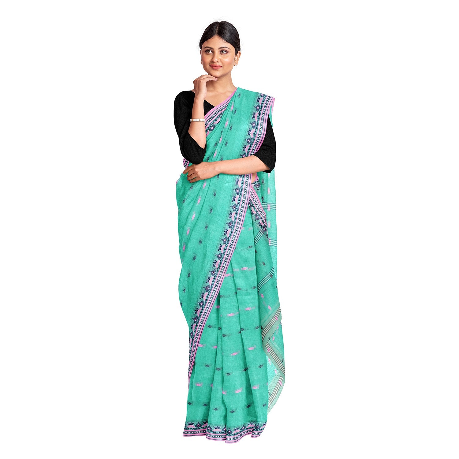 Exclusive Collection 100% Pure Cotton Green Tant Saree With Hand Weaving Work