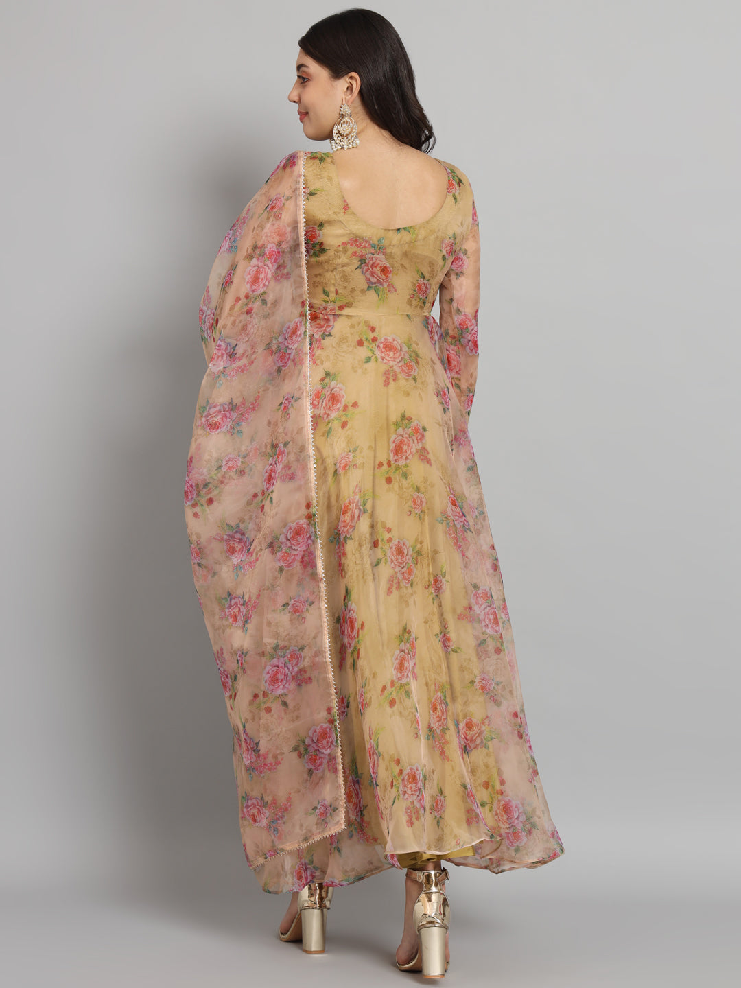 Fab Fashion Pink Floral Golden Organza Anarkali Set