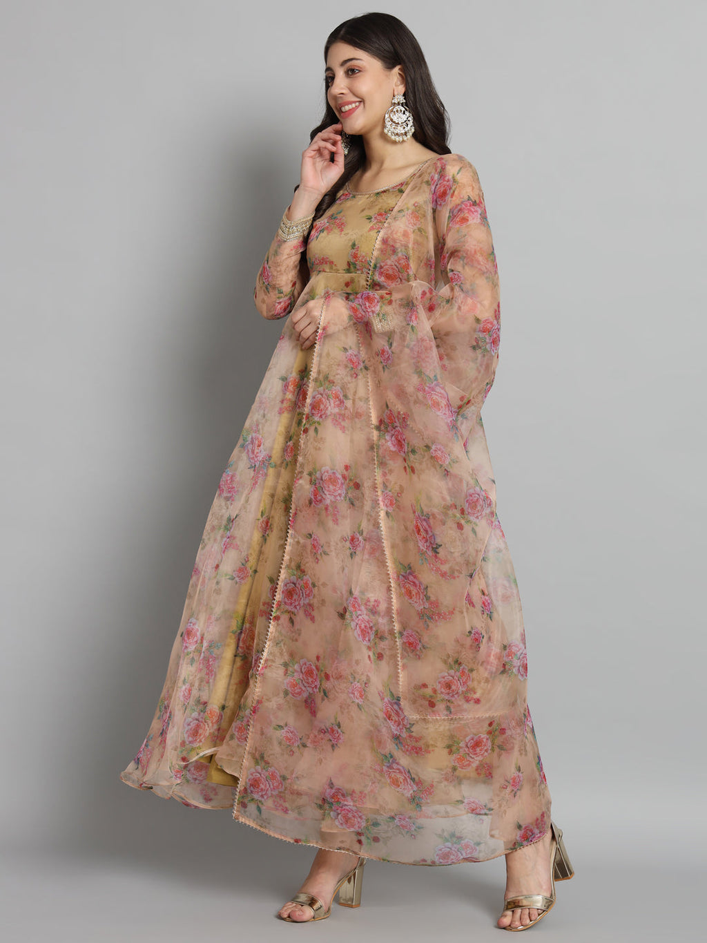 Fab Fashion Pink Floral Golden Organza Anarkali Set