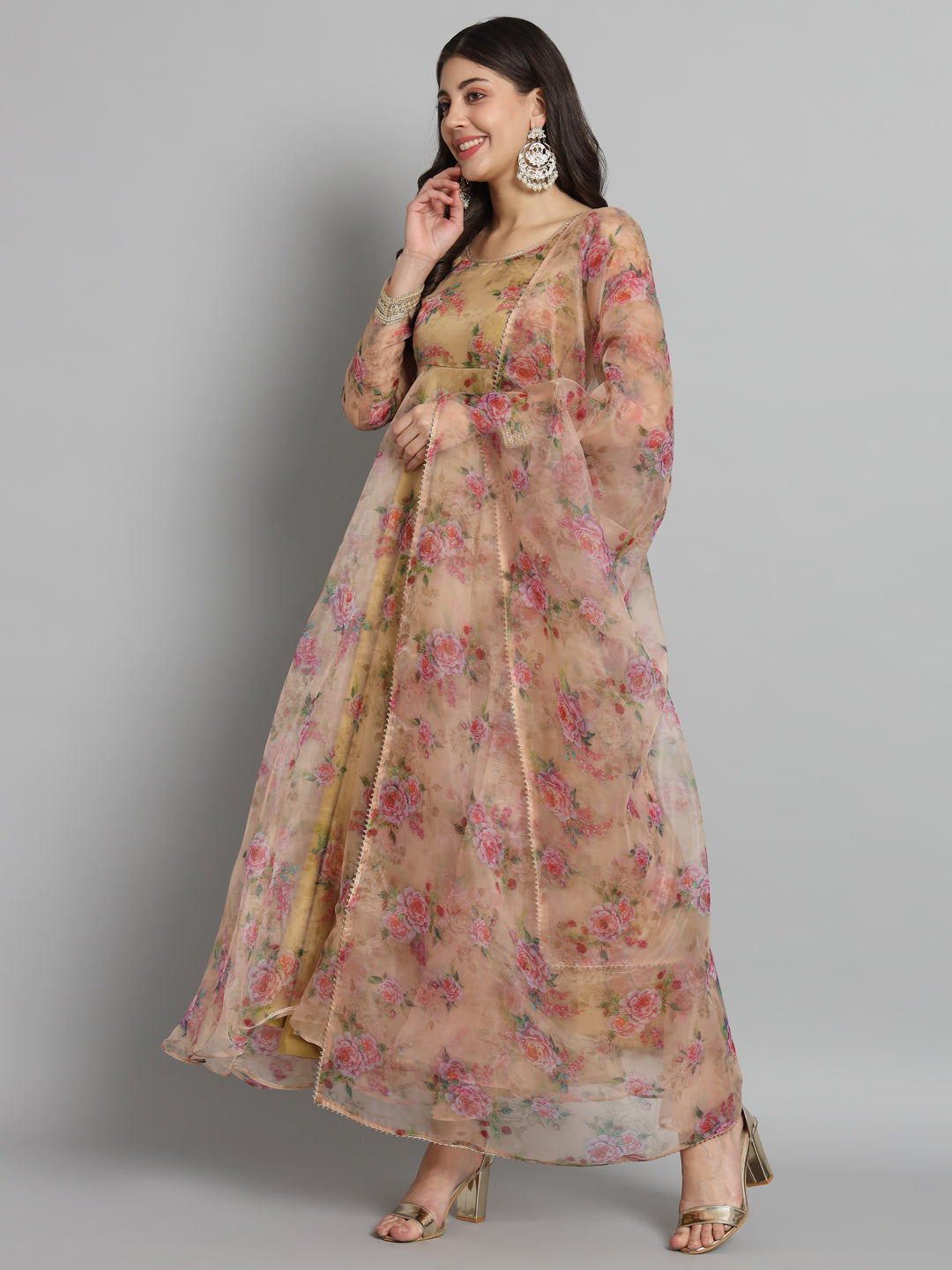 Fab Fashion Pink Floral Golden Organza Anarkali Set