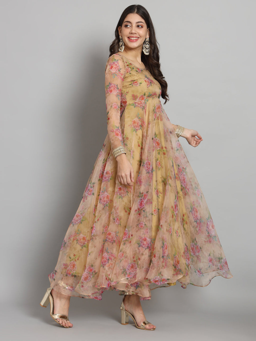 Fab Fashion Pink Floral Golden Organza Anarkali Set