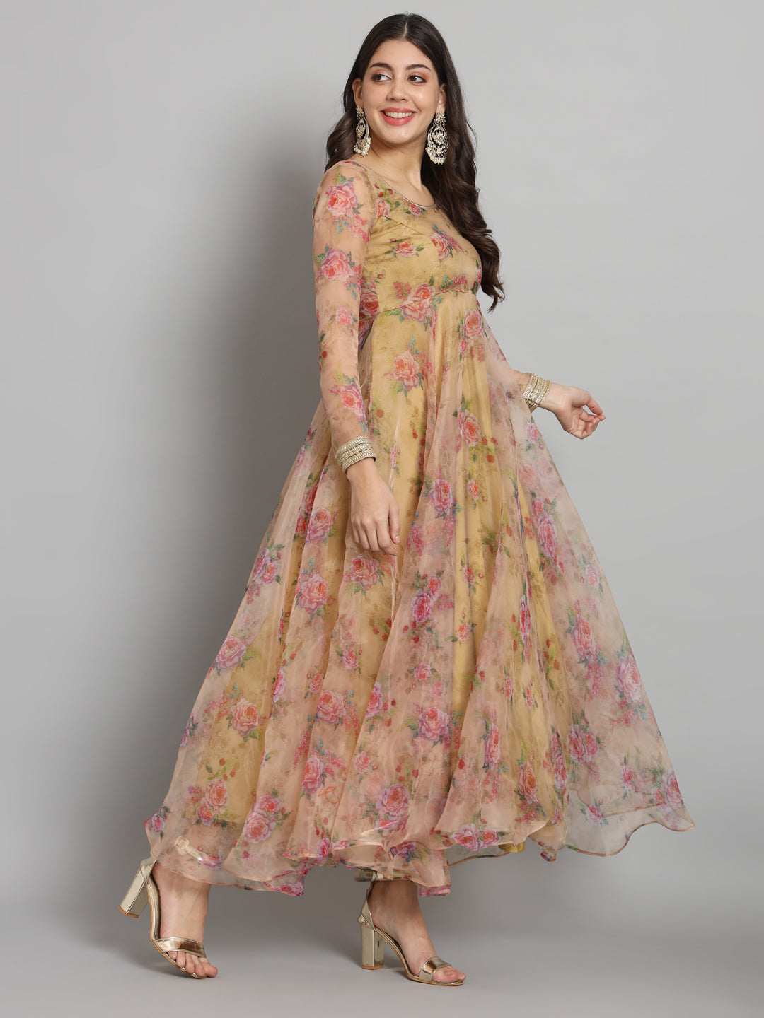 Fab Fashion Pink Floral Golden Organza Anarkali Set