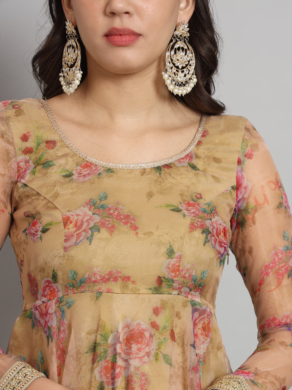 Fab Fashion Pink Floral Golden Organza Anarkali Set