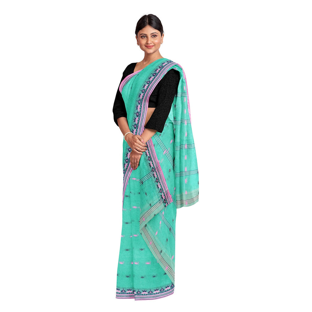 Exclusive Collection 100% Pure Cotton Green Tant Saree With Hand Weaving Work