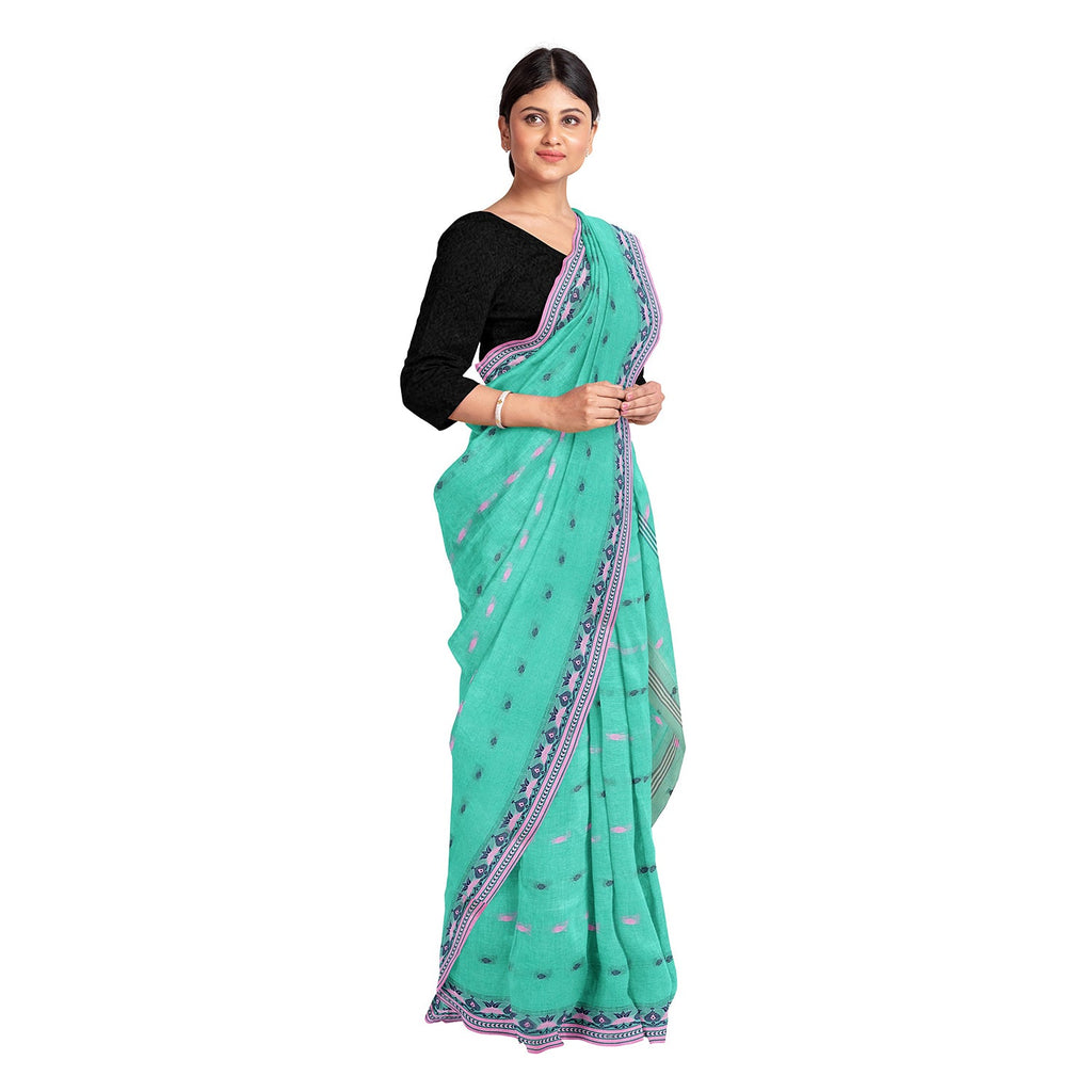 Exclusive Collection 100% Pure Cotton Green Tant Saree With Hand Weaving Work