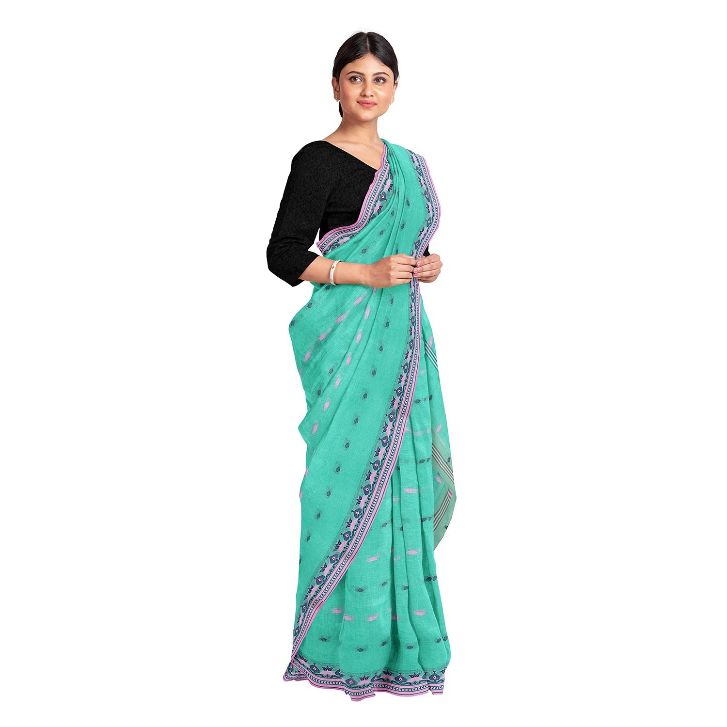 Exclusive Collection 100% Pure Cotton Green Tant Saree With Hand Weaving Work