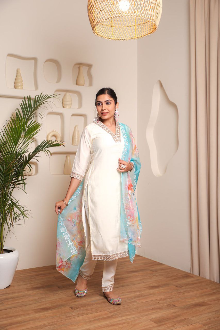 Lorenvalley Offwhite Chanderi Cotton Embroidered Work Kurta Set