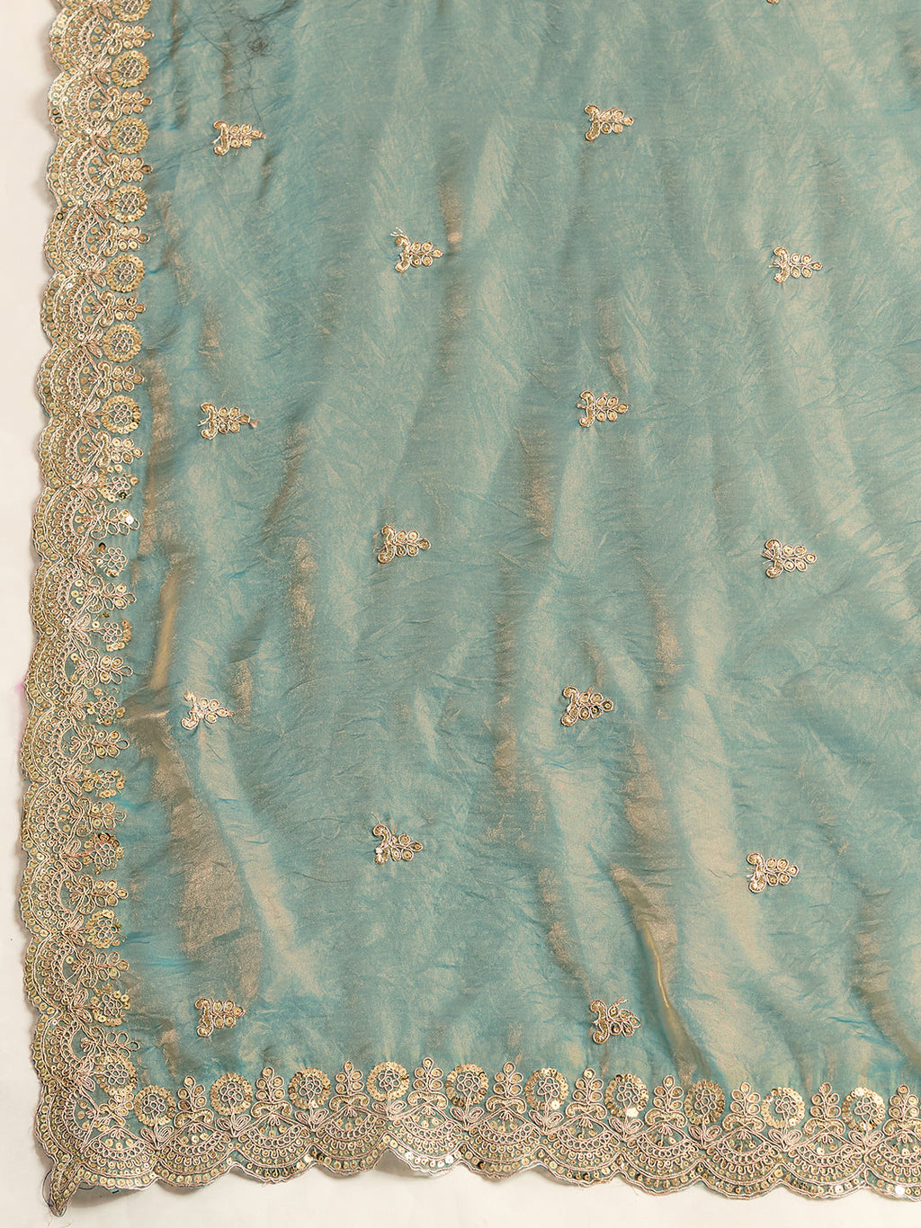 Lorenvalley Fashion Seagreen Fendy Satin with Embroidery Double Sequence Work Saree with Blouse