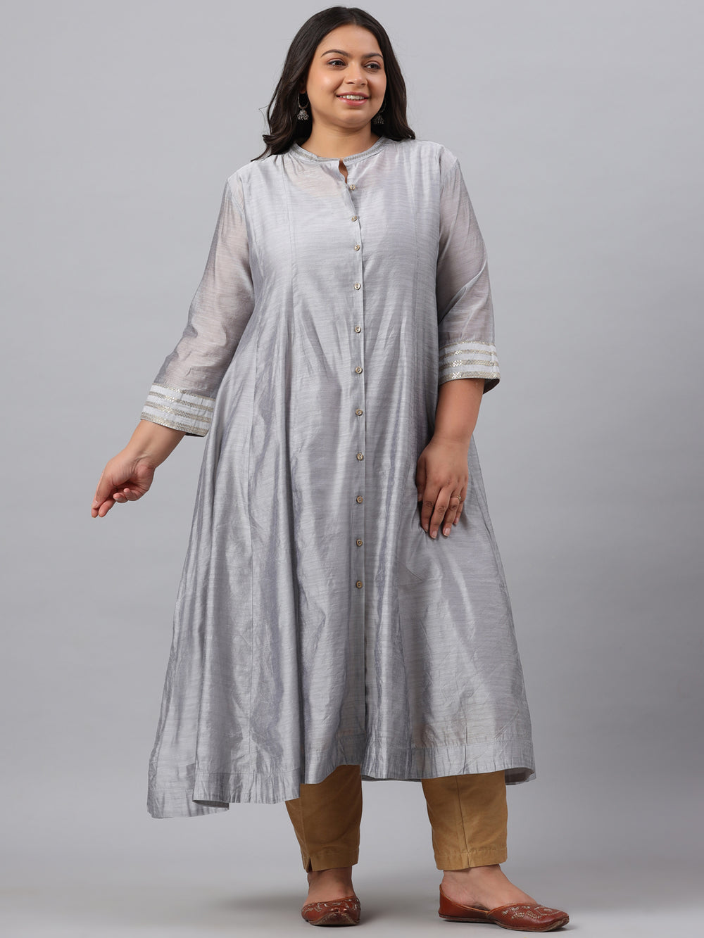Juniper Women`s Grey Chanderi Silk Solid Anarkali Kurta with Inner