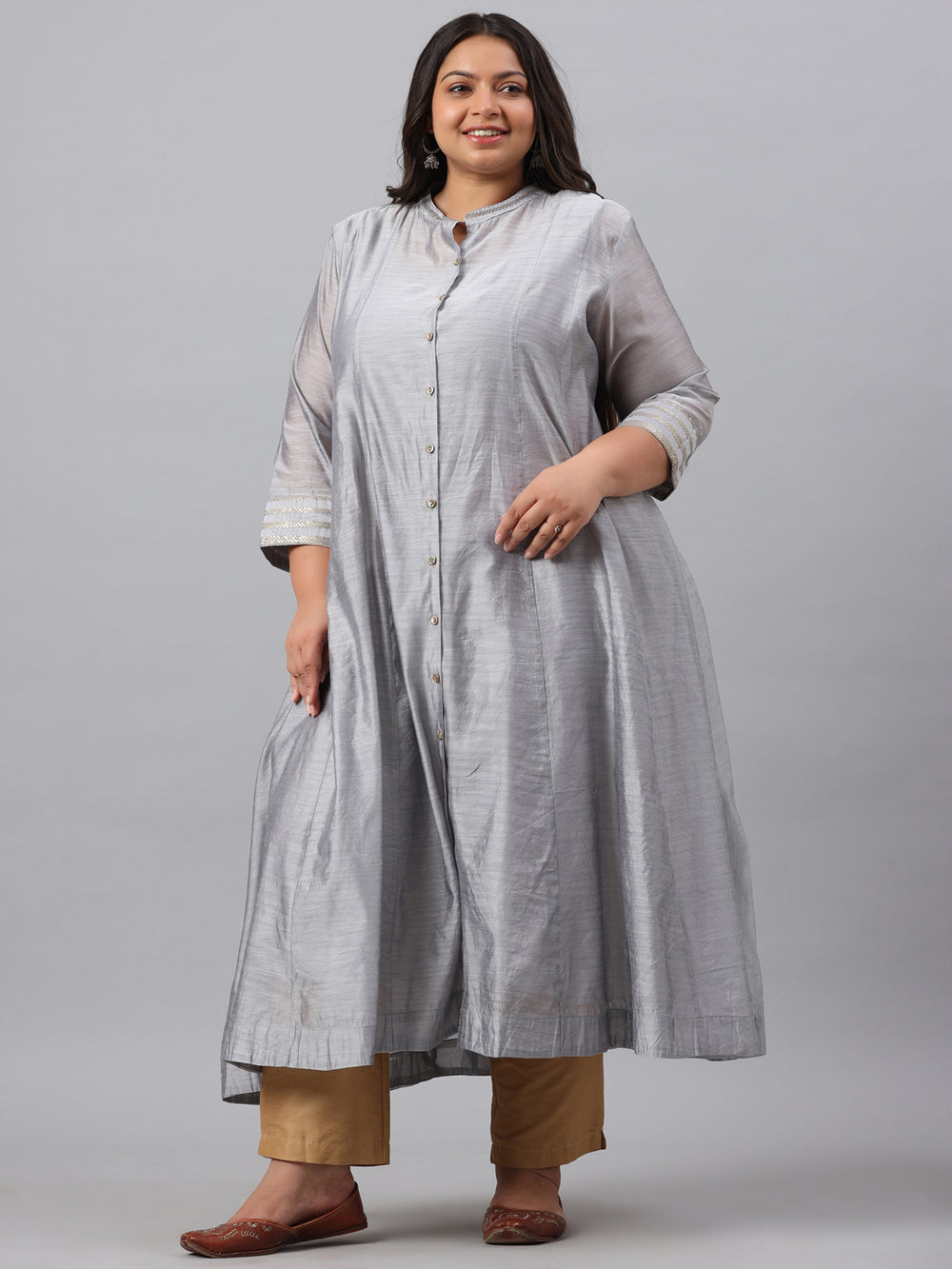 Juniper Women`s Grey Chanderi Silk Solid Anarkali Kurta with Inner