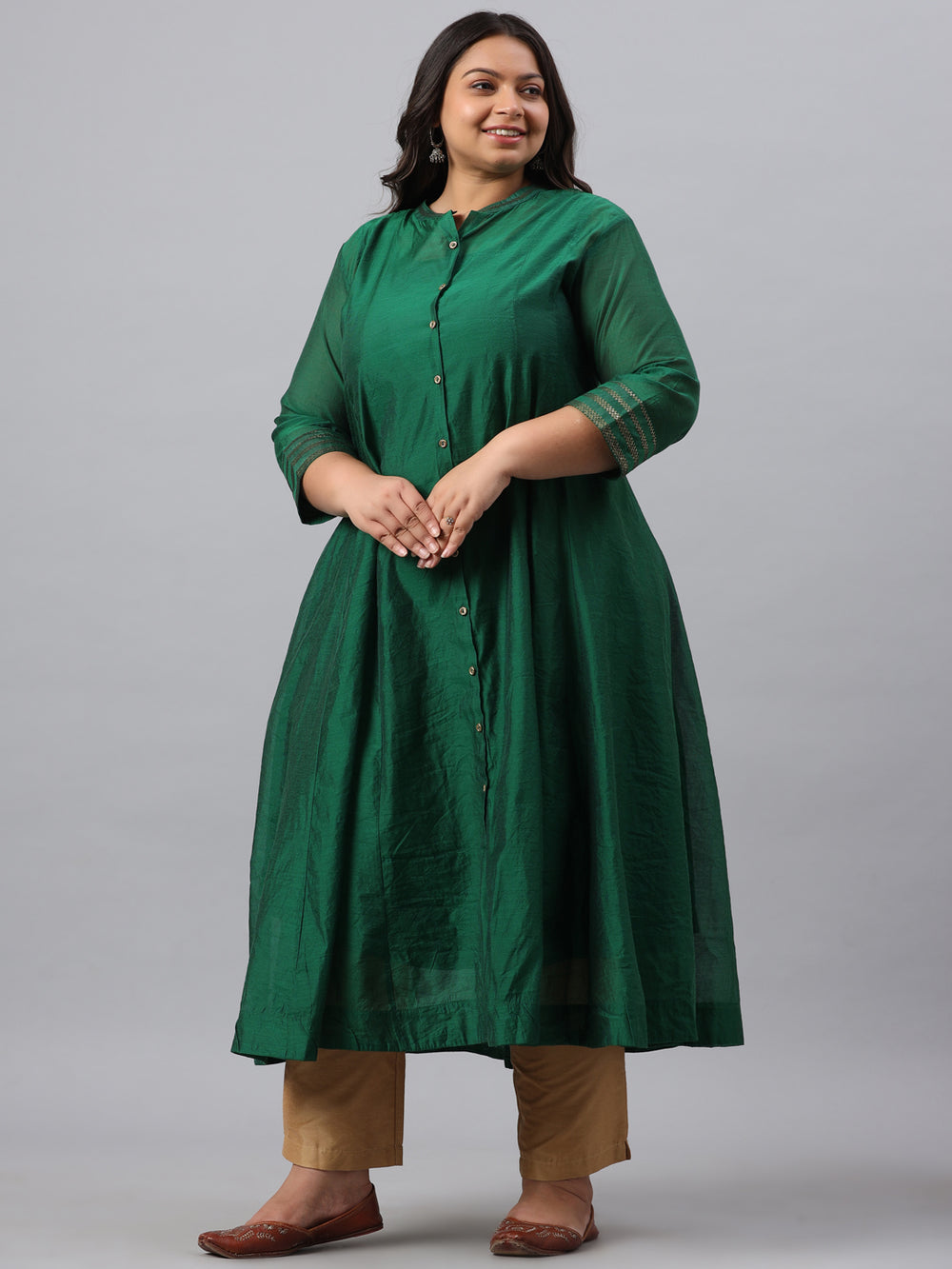 Juniper Women`s Jadegreen Chanderi Silk Solid Anarkali Kurta with Inner