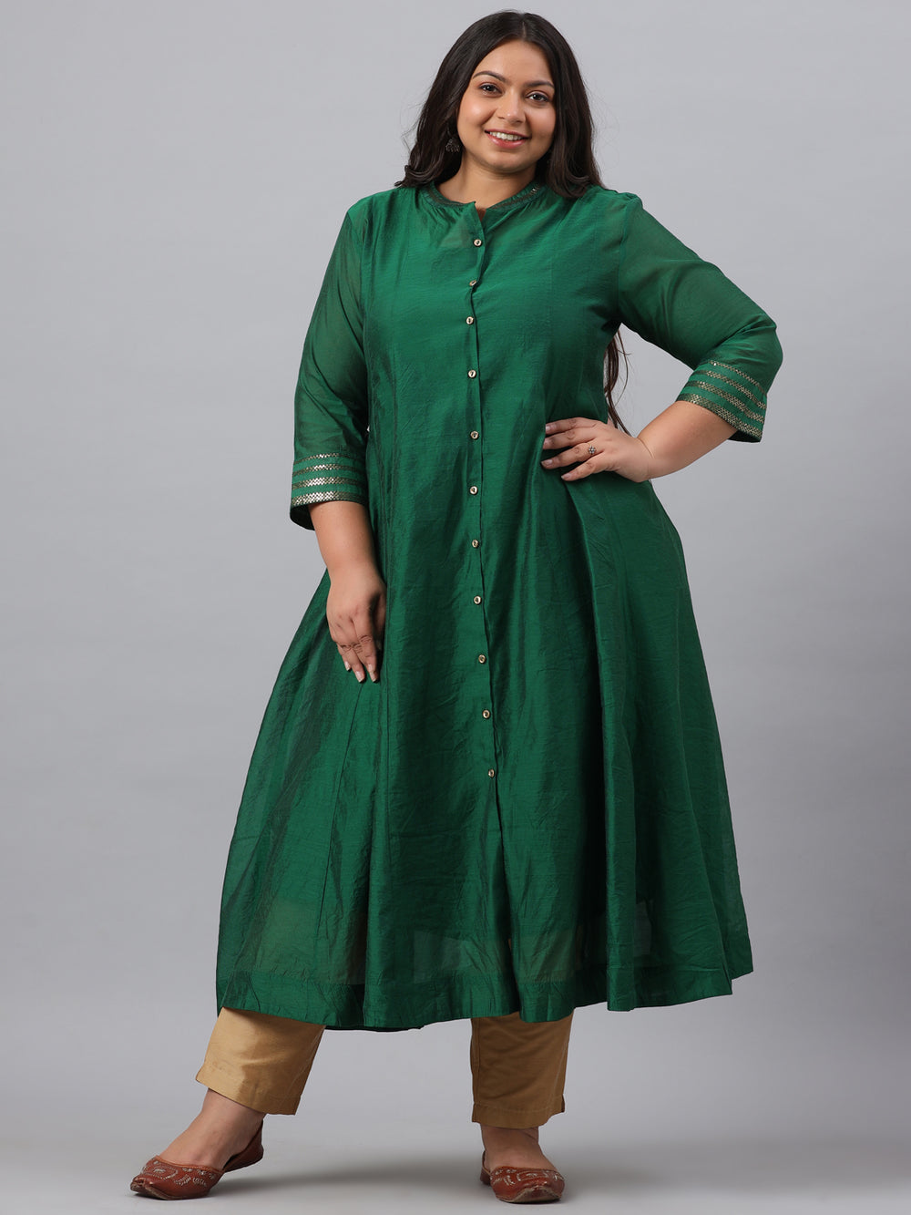 Juniper Women`s Jadegreen Chanderi Silk Solid Anarkali Kurta with Inner