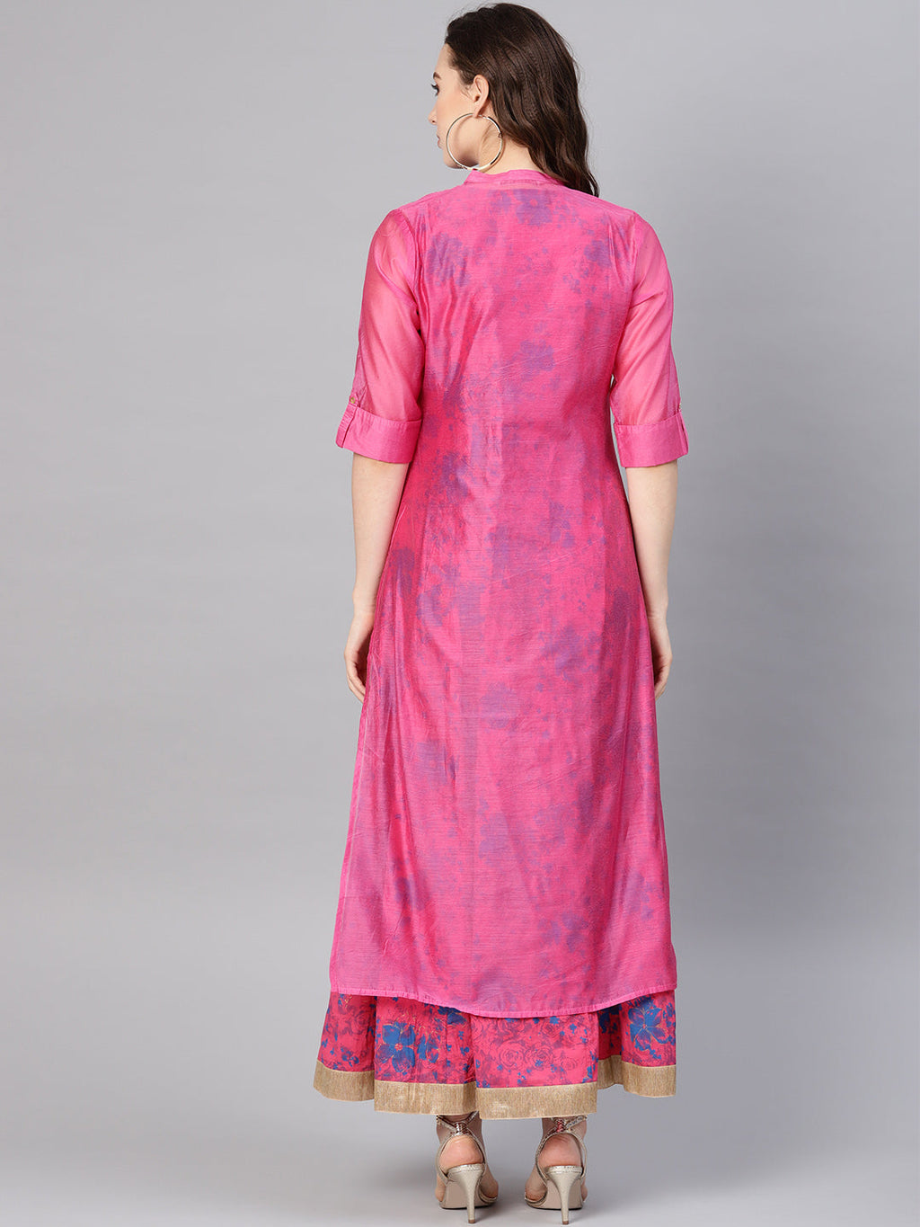 Juniper Women Fuchsia Chanderi Silk Embroidered & Printed Layered Dress