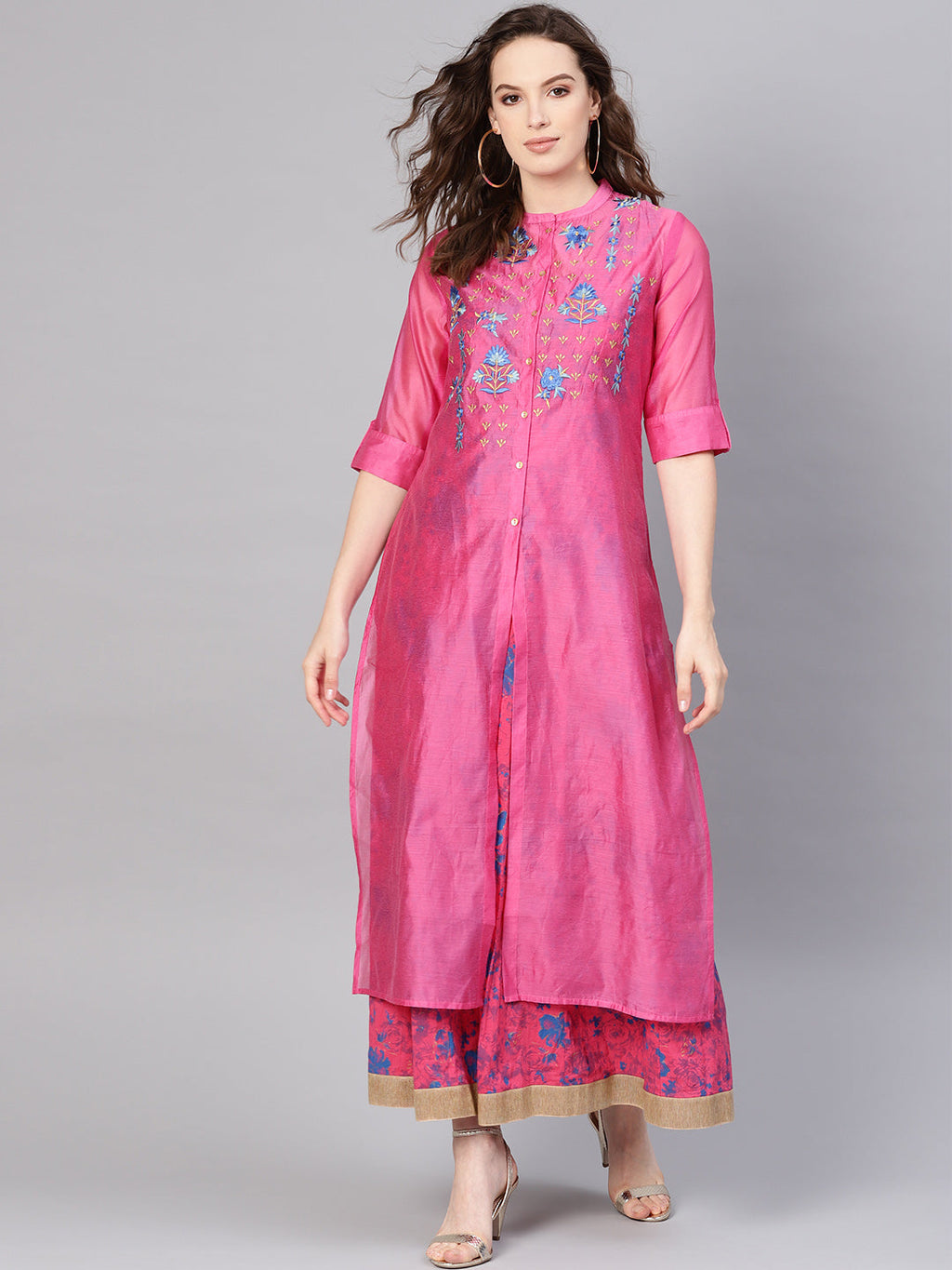 Juniper Women Fuchsia Chanderi Silk Embroidered & Printed Layered Dress