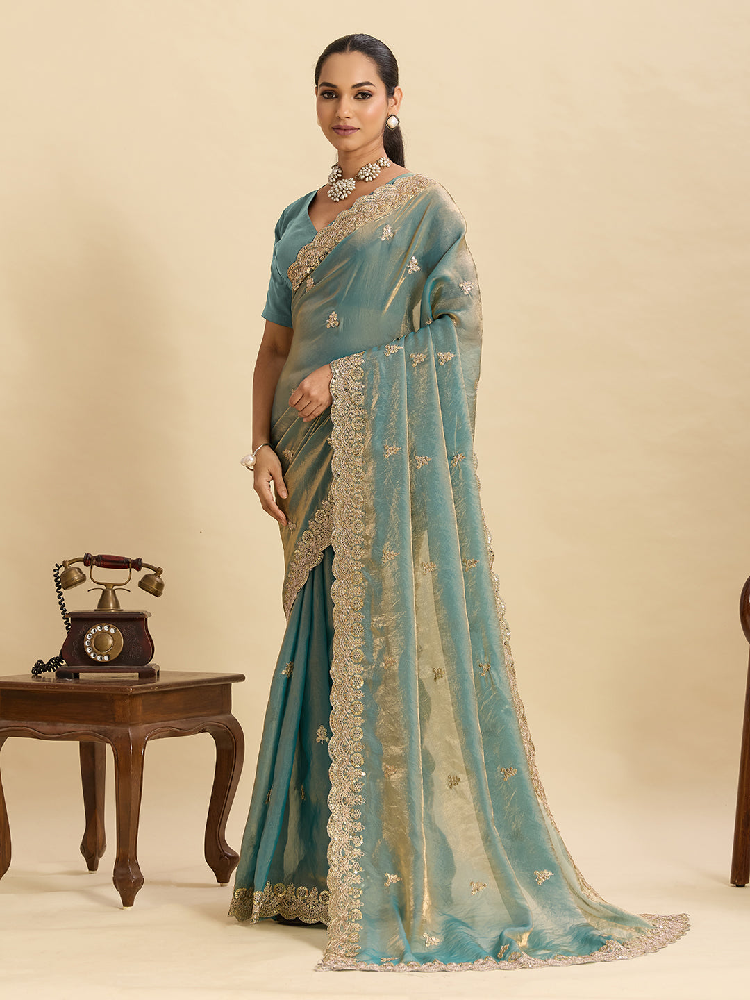 Lorenvalley Fashion Seagreen Fendy Satin with Embroidery Double Sequence Work Saree with Blouse