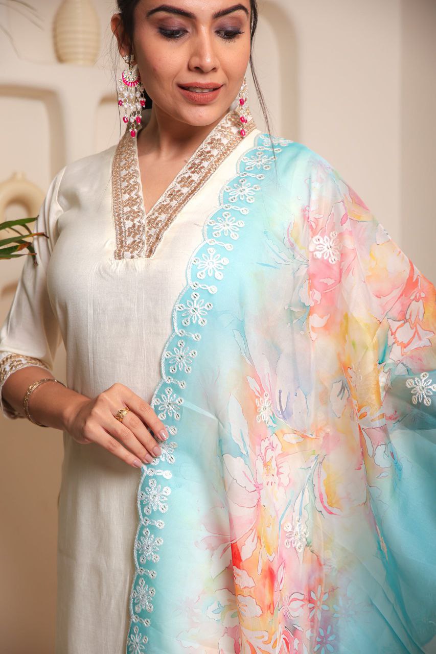 Lorenvalley Offwhite Chanderi Cotton Embroidered Work Kurta Set