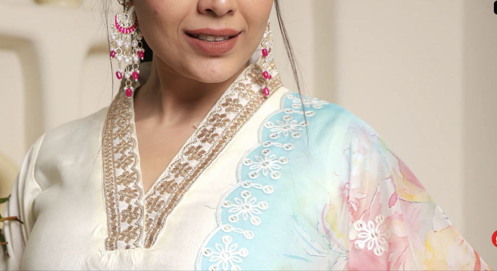Lorenvalley Offwhite Chanderi Cotton Embroidered Work Kurta Set
