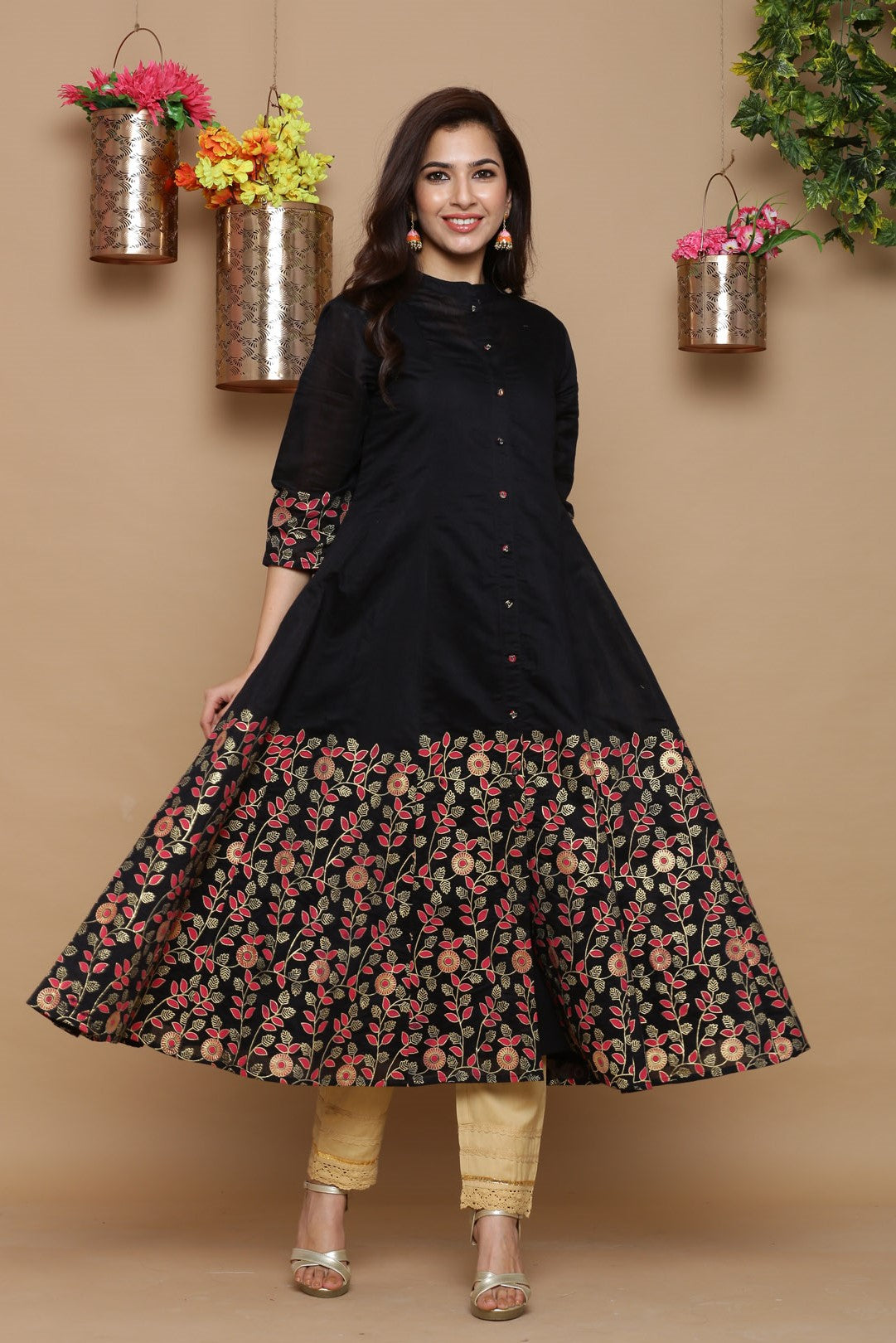 Juniper Women Black Chanderi Silk Printed Anarkali Kurta