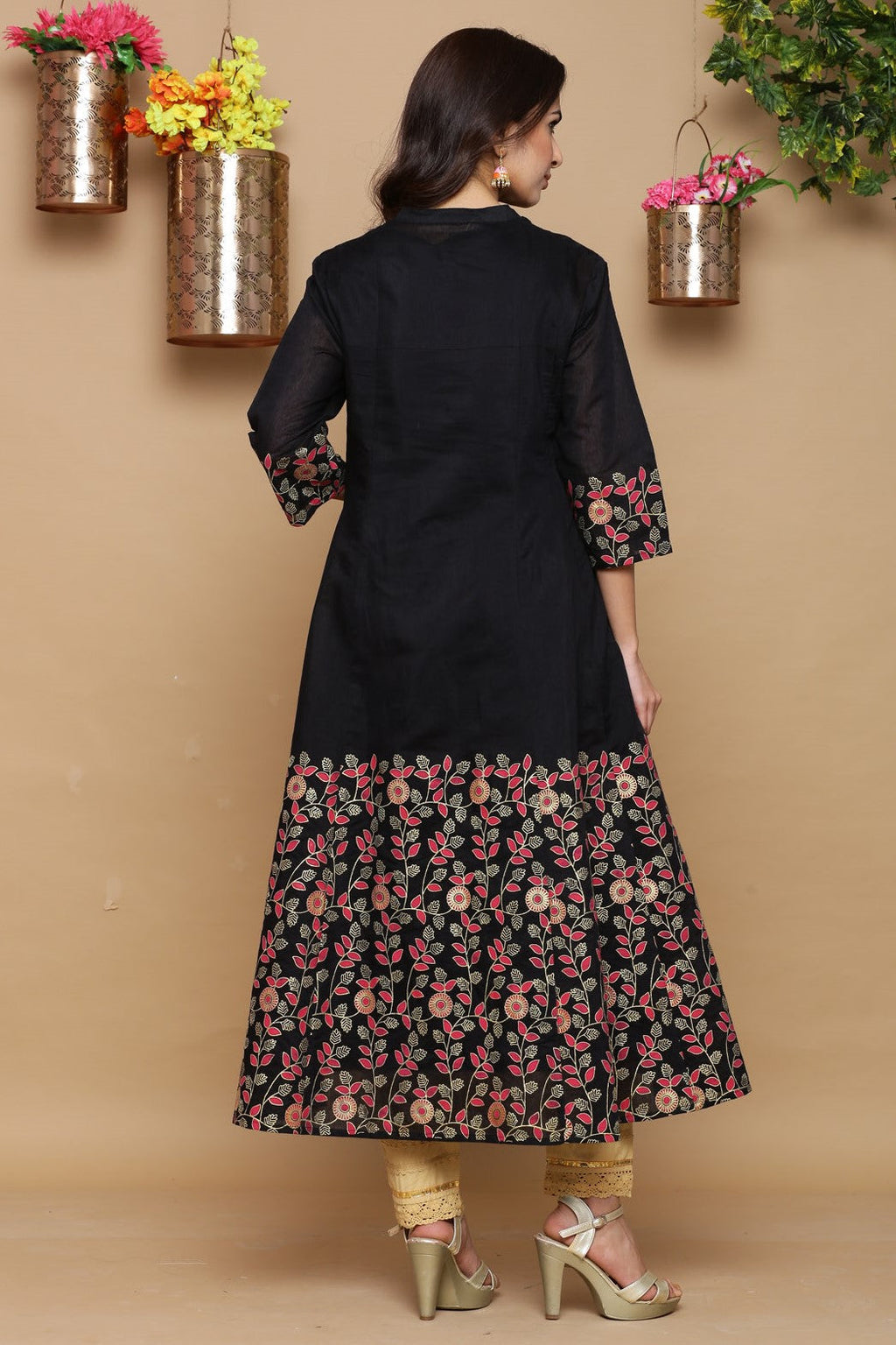 Juniper Women Black Chanderi Silk Printed Anarkali Kurta