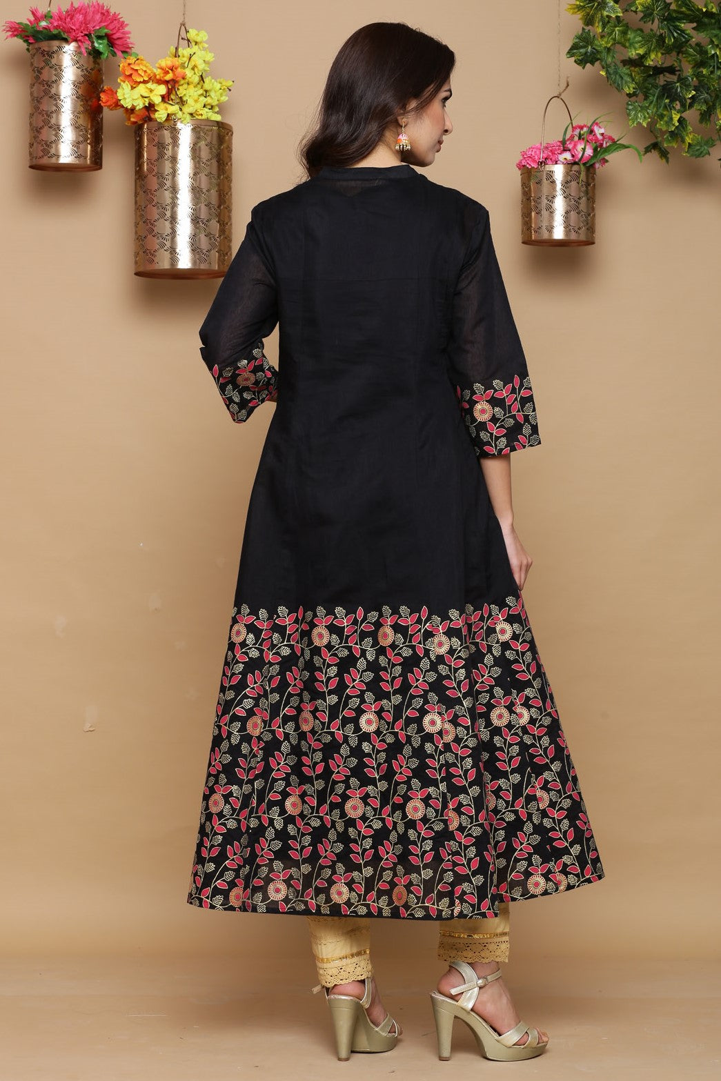 Juniper Women Black Chanderi Silk Printed Anarkali Kurta