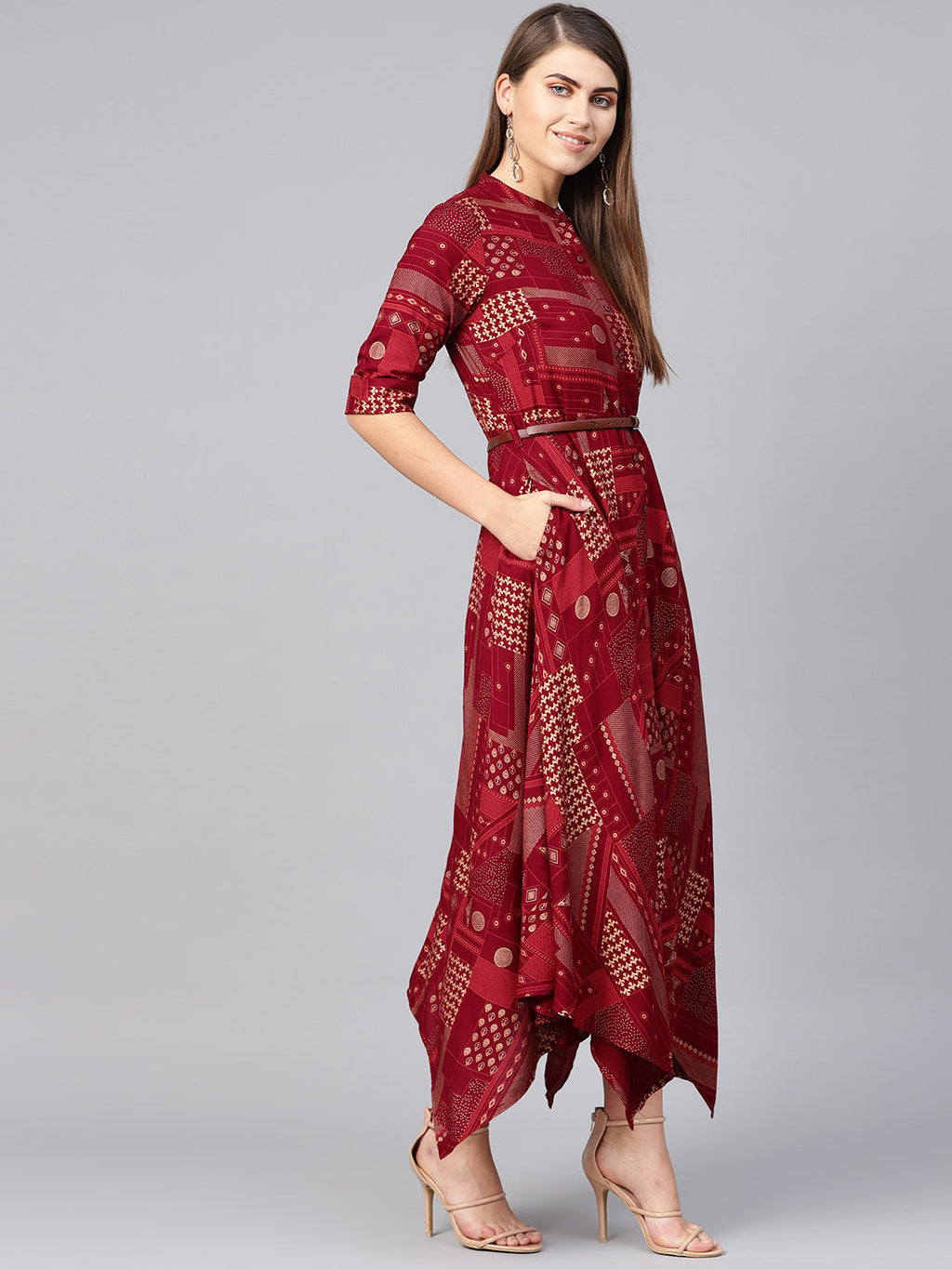 Juniper Womens Maroon Rayon Geometric Foil Printed Handkerchief Dress