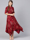 Juniper Womens Maroon Rayon Geometric Foil Printed Handkerchief Dress