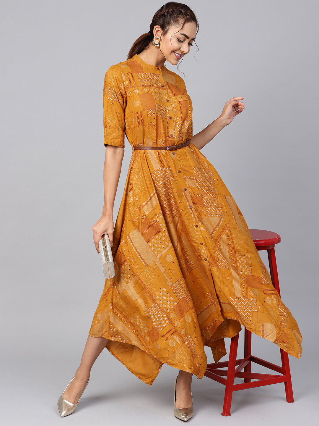 Juniper Womens Mustard Rayon Geometric Foil Printed Handkerchief Dress