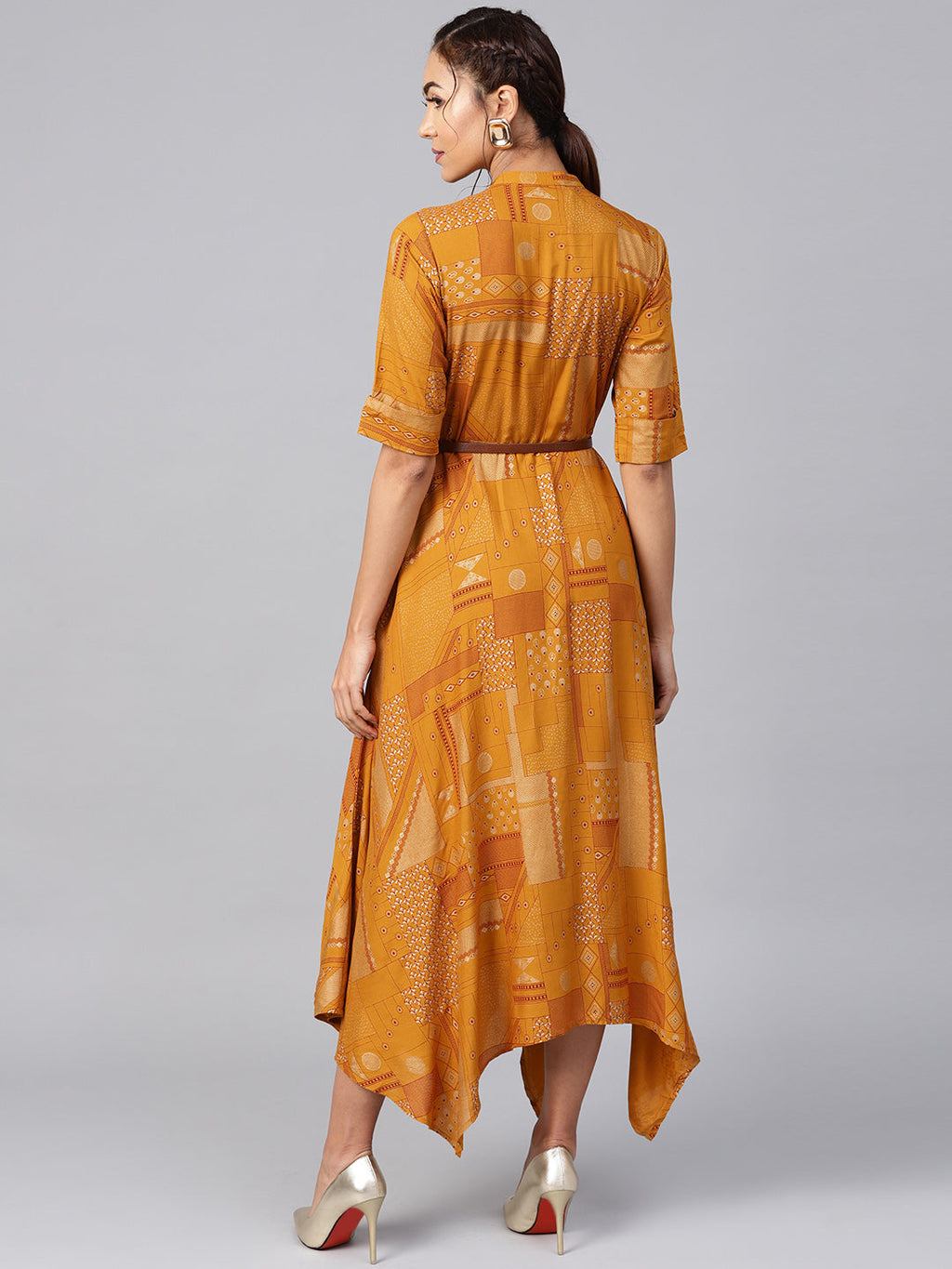 Juniper Womens Mustard Rayon Geometric Foil Printed Handkerchief Dress
