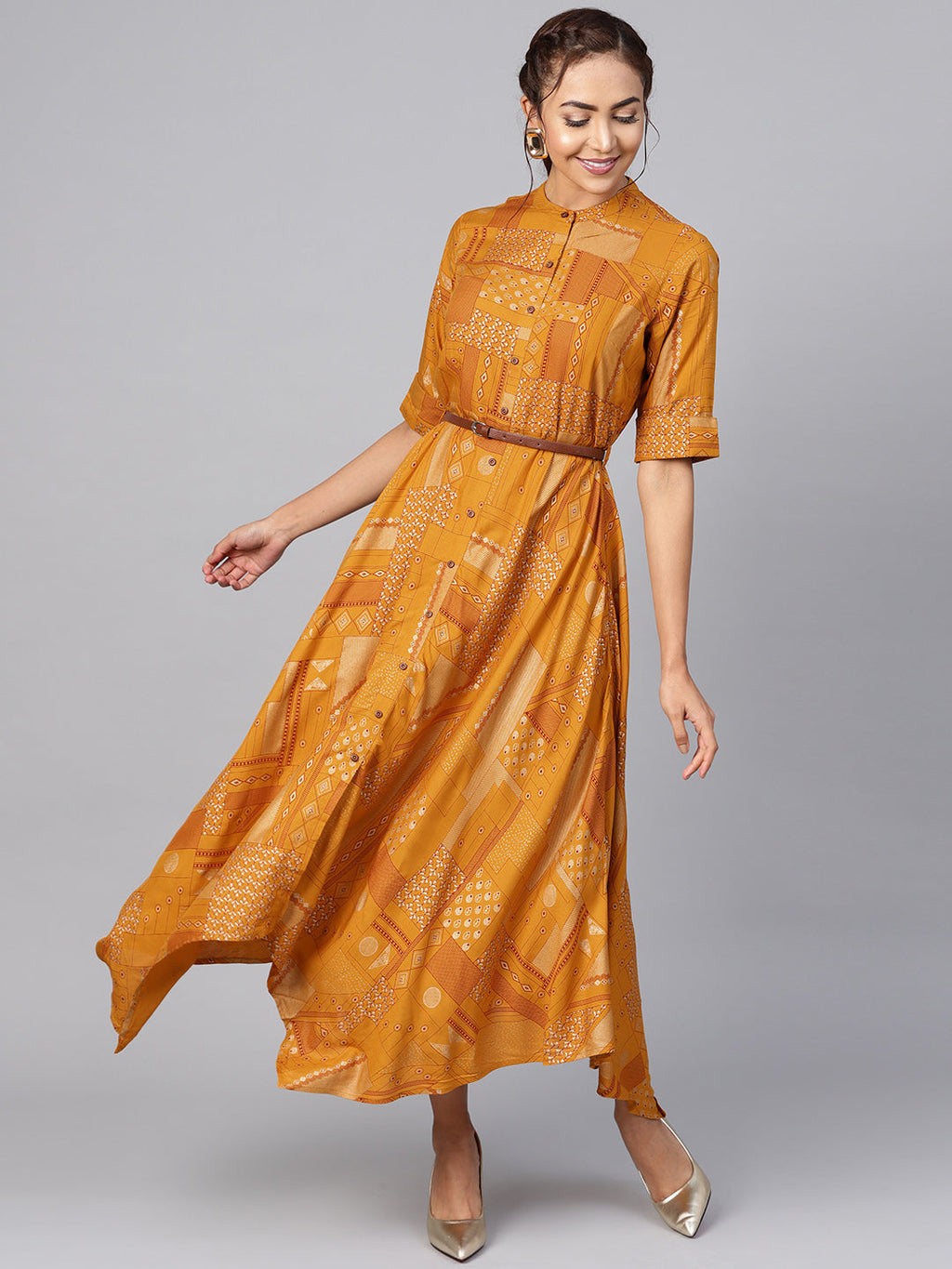 Juniper Womens Mustard Rayon Geometric Foil Printed Handkerchief Dress