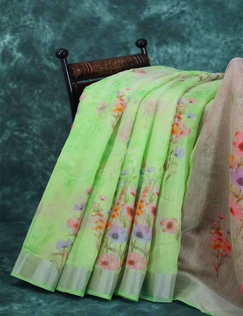 Baby Apple Green Colour Floral Printed Semi Chanderi Saree By Gayathri Reddy Designer Studio