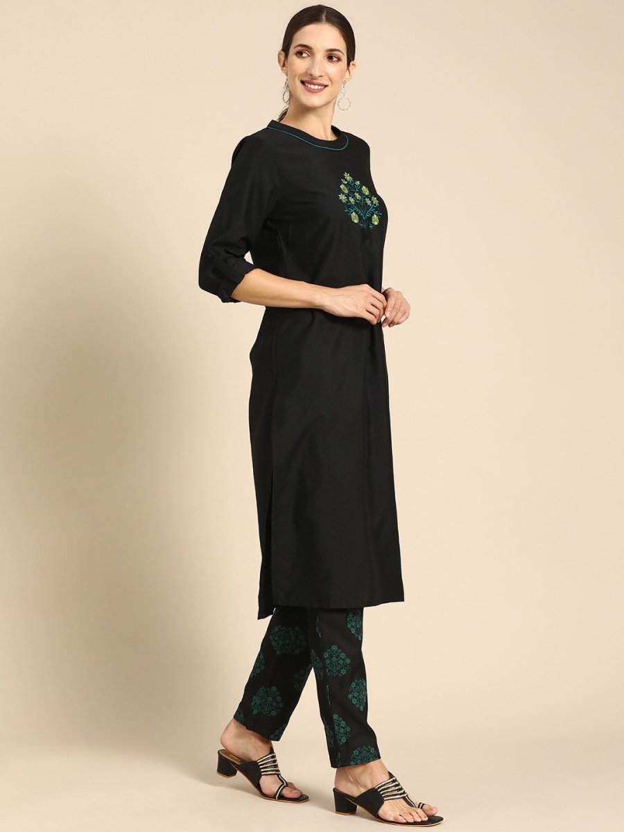 All About You Women Black Floral Yoke Design Regular Thread Work Kurta with Trousers