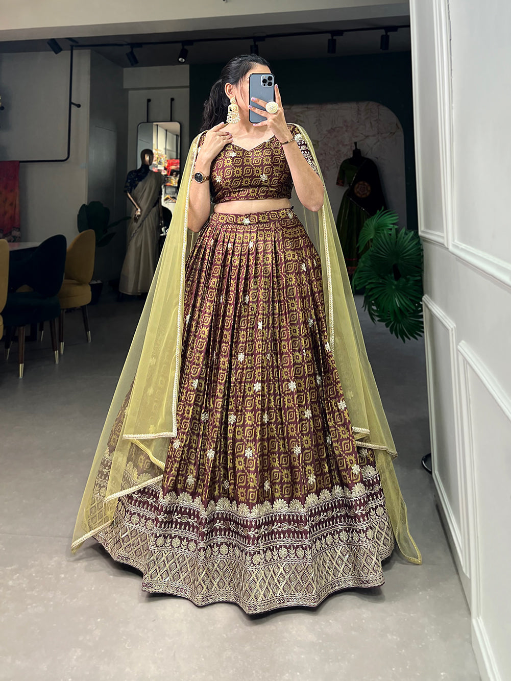 Lorenvalley Brown Chinon Digital Print with Embroidery Sequins Work Lehenga Choli with Dupatta