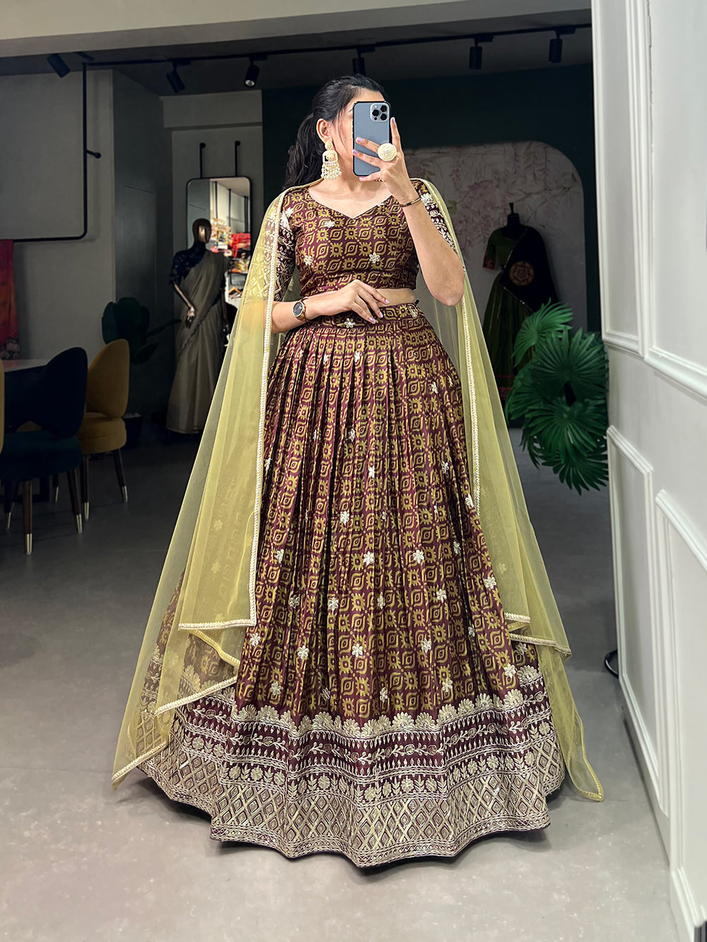 Lorenvalley Brown Chinon Digital Print with Embroidery Sequins Work Lehenga Choli with Dupatta